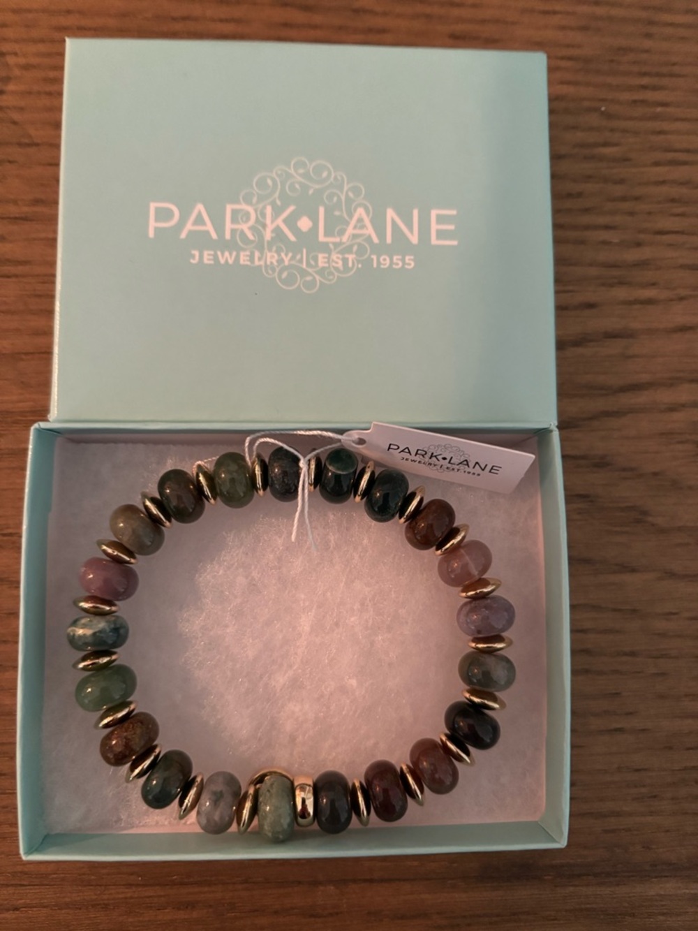 Park Lane Green, Brown and Purple Beaded Stretch Bracelet with Gold Discs